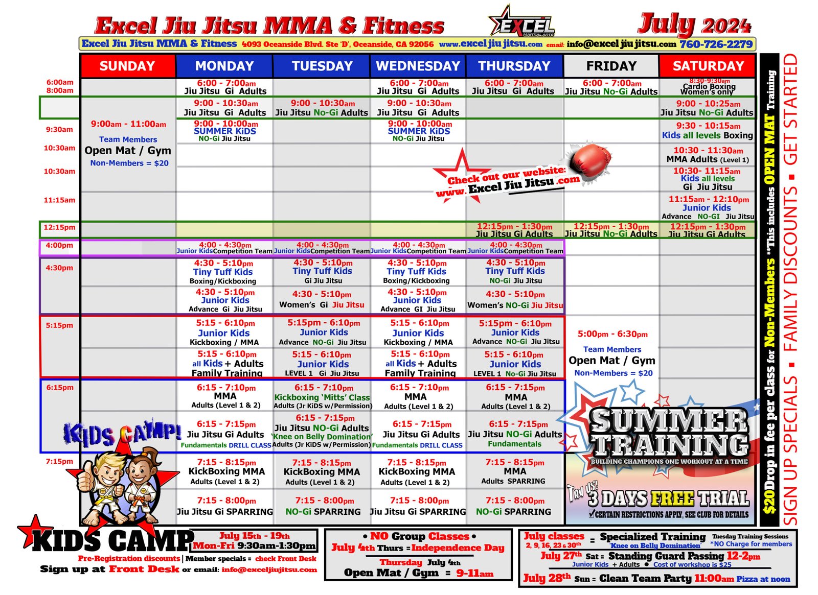 Mixed Martial Arts training schedule at Excel Jiu Jitsu MMA & Fitness.